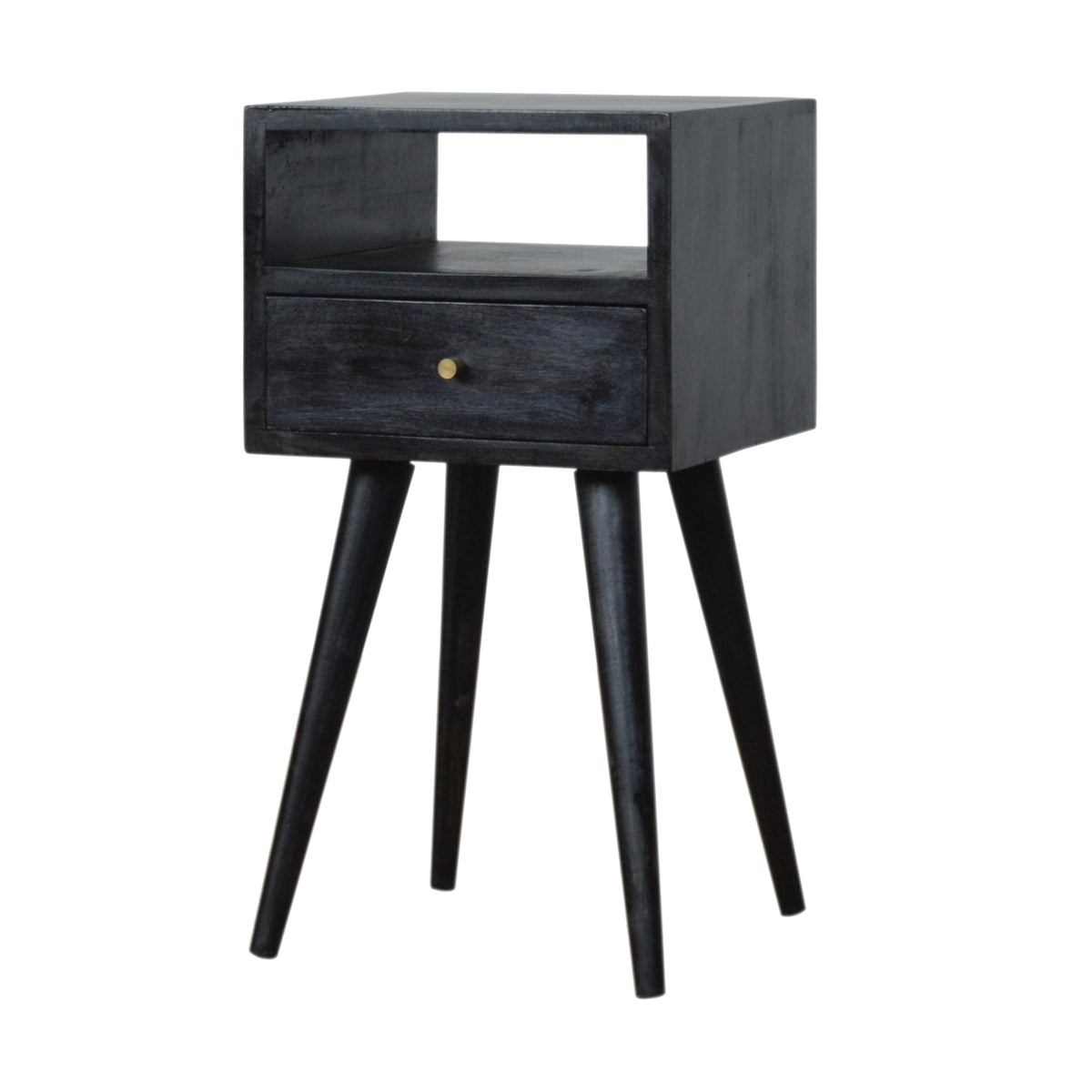 Small black ash-finish bedside table with an open cubby above one drawer, on four tapered black legs, front view