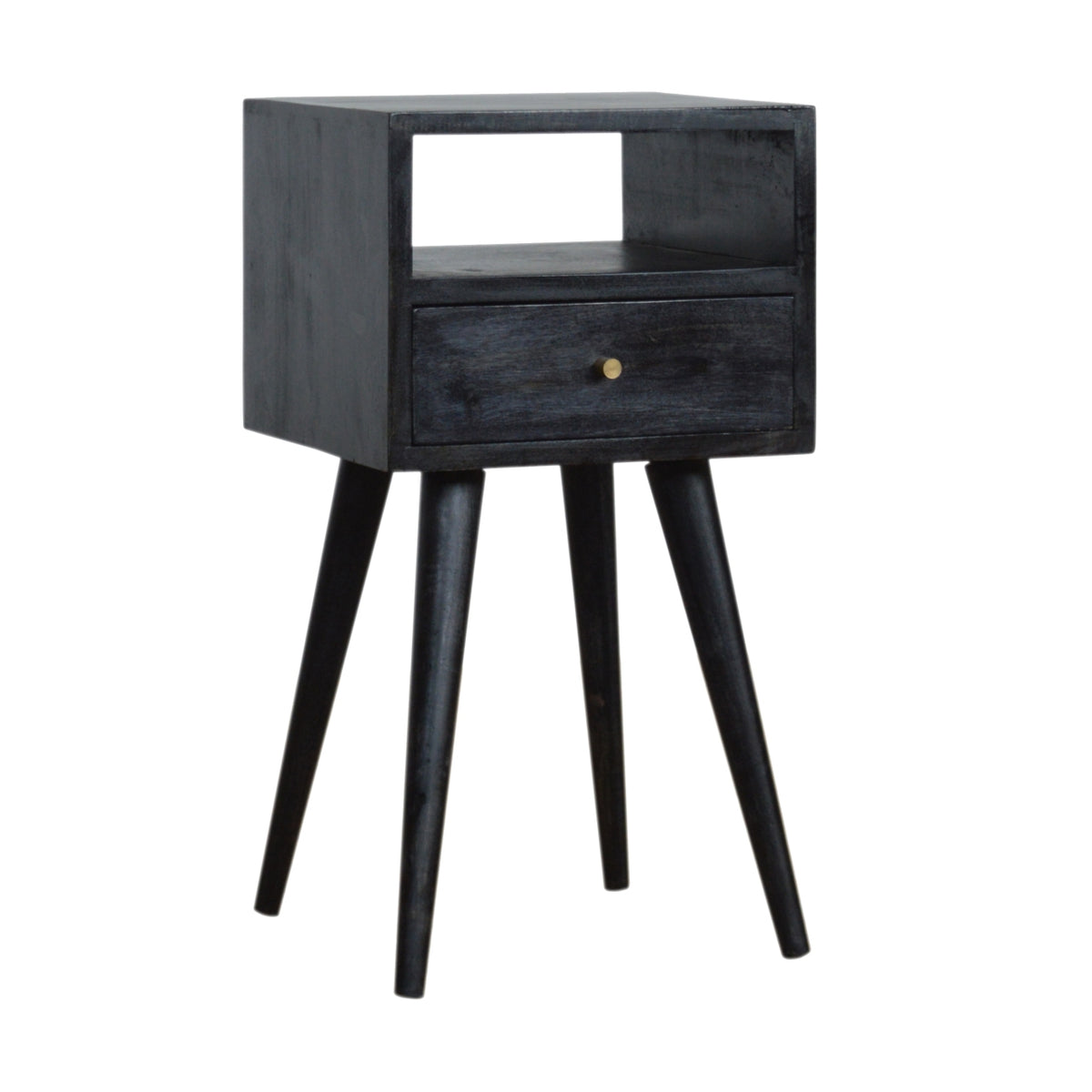 Small black bedside table with open cubby and drawer, three-quarter view