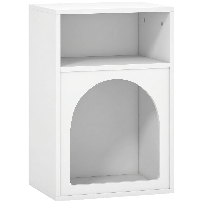 White bedside table with open top shelf and arched front opening