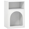 White bedside table with open top shelf and arched front opening