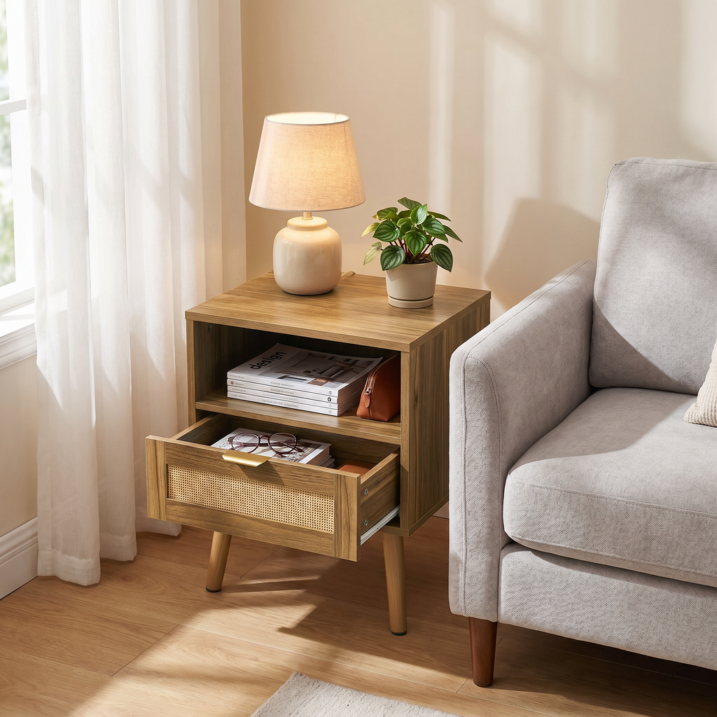 Bedside table with drawer open showing storage