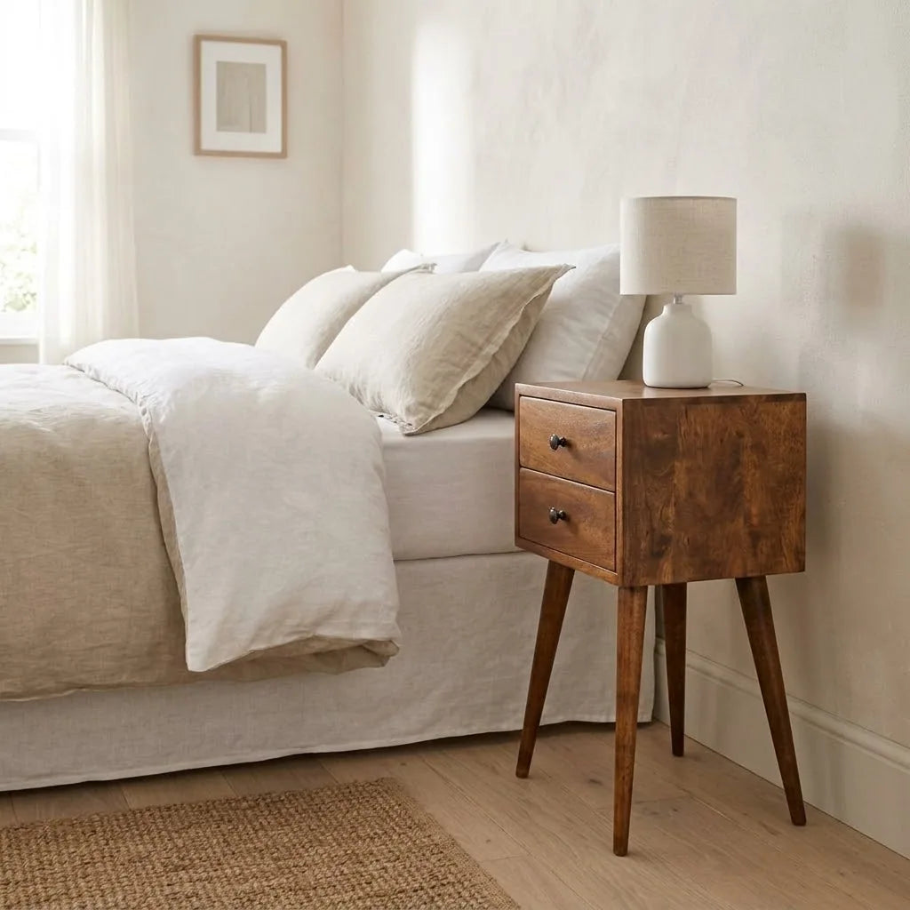 Avon 30 cm Bedside Table beside a bed with linen bedding, with a table lamp on top