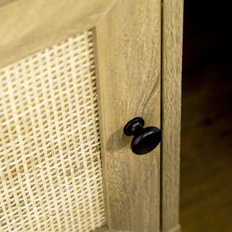 Close-up of the black knob and rattan panel