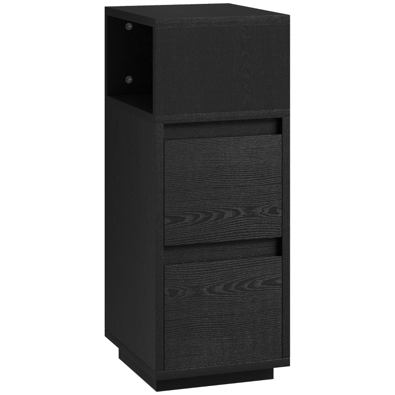 Slim black bedside table with open top shelf and two drawers
