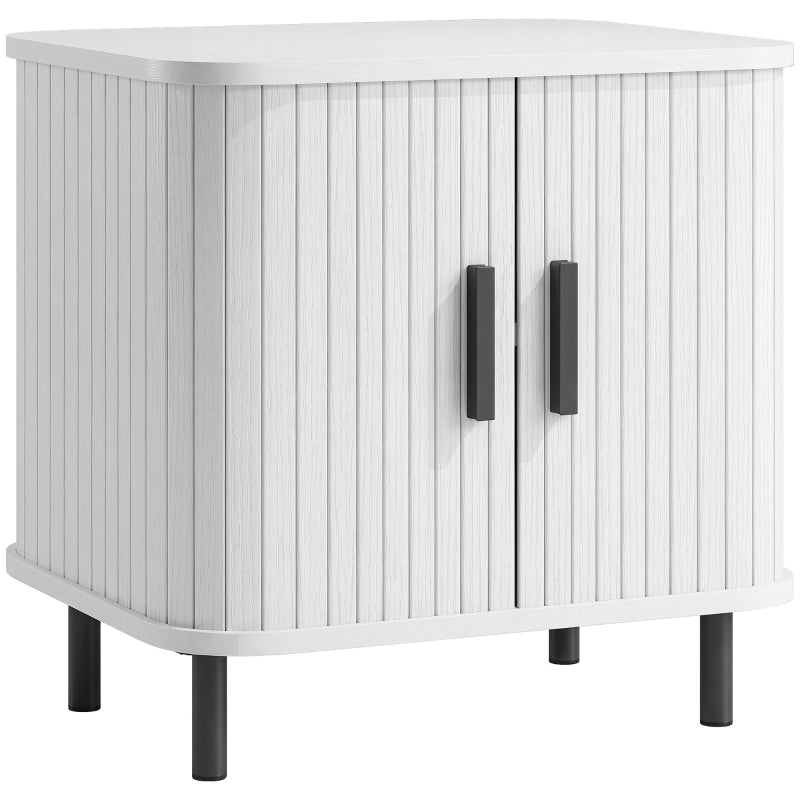 White bedside cabinet with ribbed sliding doors and black metal legs