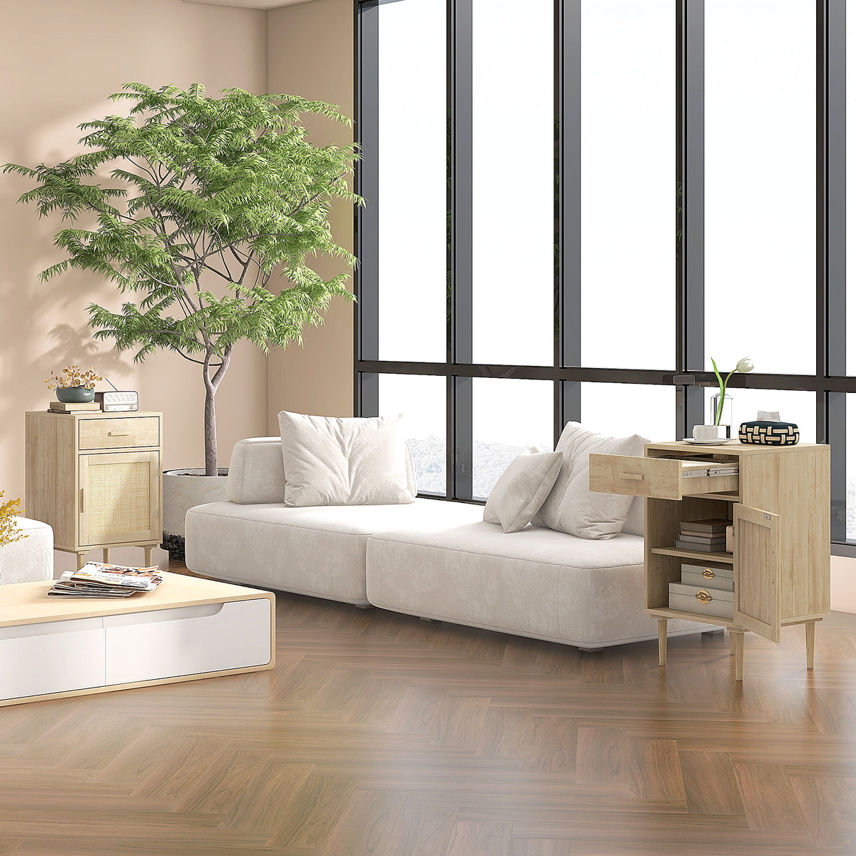 Rattan bedside cabinet in a living room