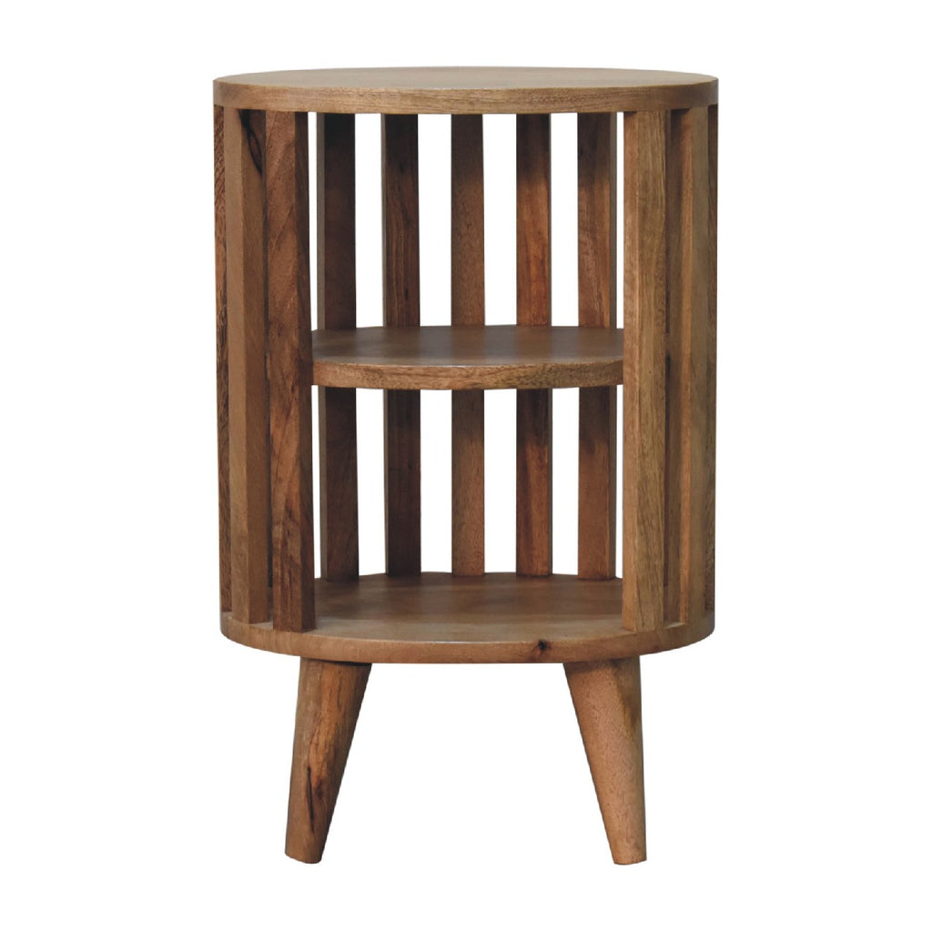 Bedside table with 2 open shelves, 36 cm wide, light tone, front view of the slatted frame