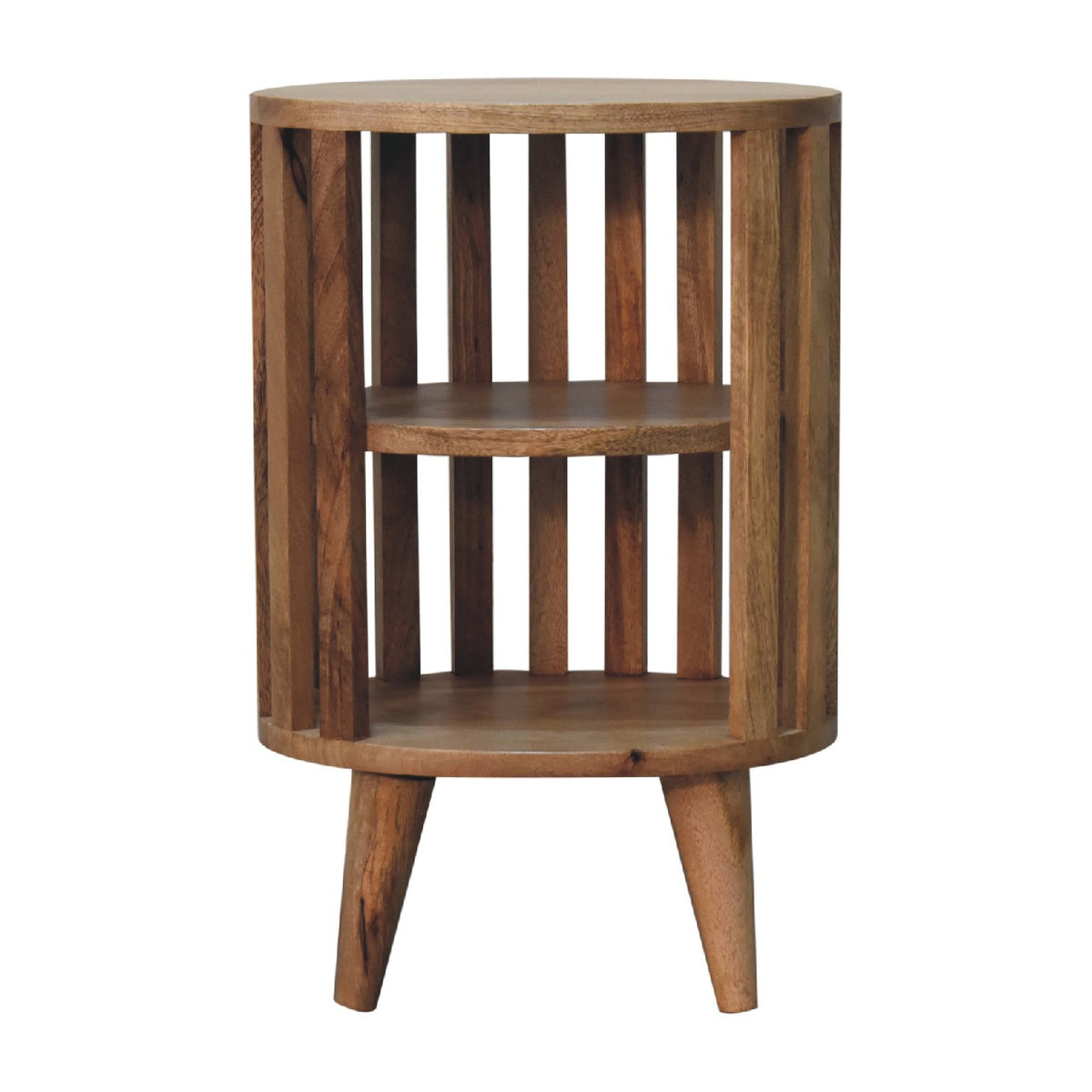 Bedside table with 2 open shelves, 36 cm wide, light tone, front view of the slatted frame