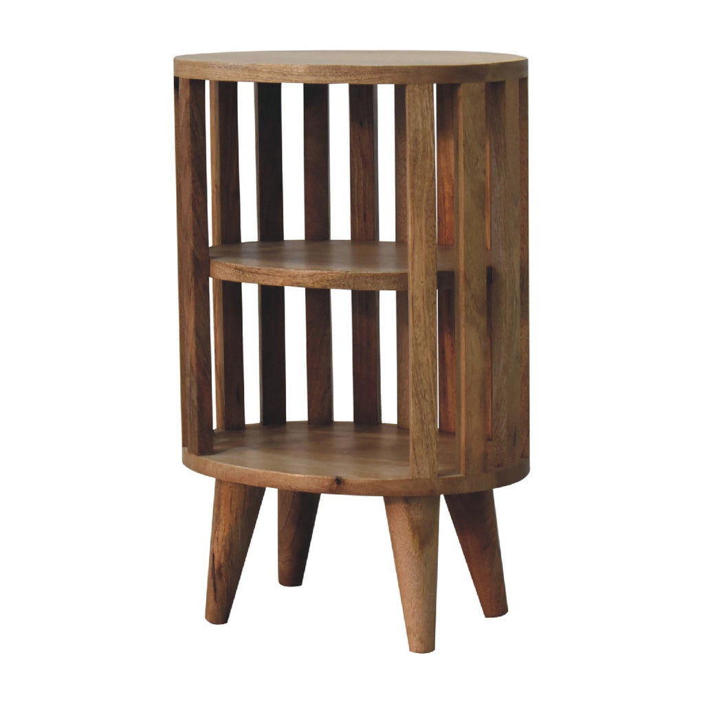 Bedside table with 2 open shelves, 36 cm wide, light tone, three-quarter view of both shelves