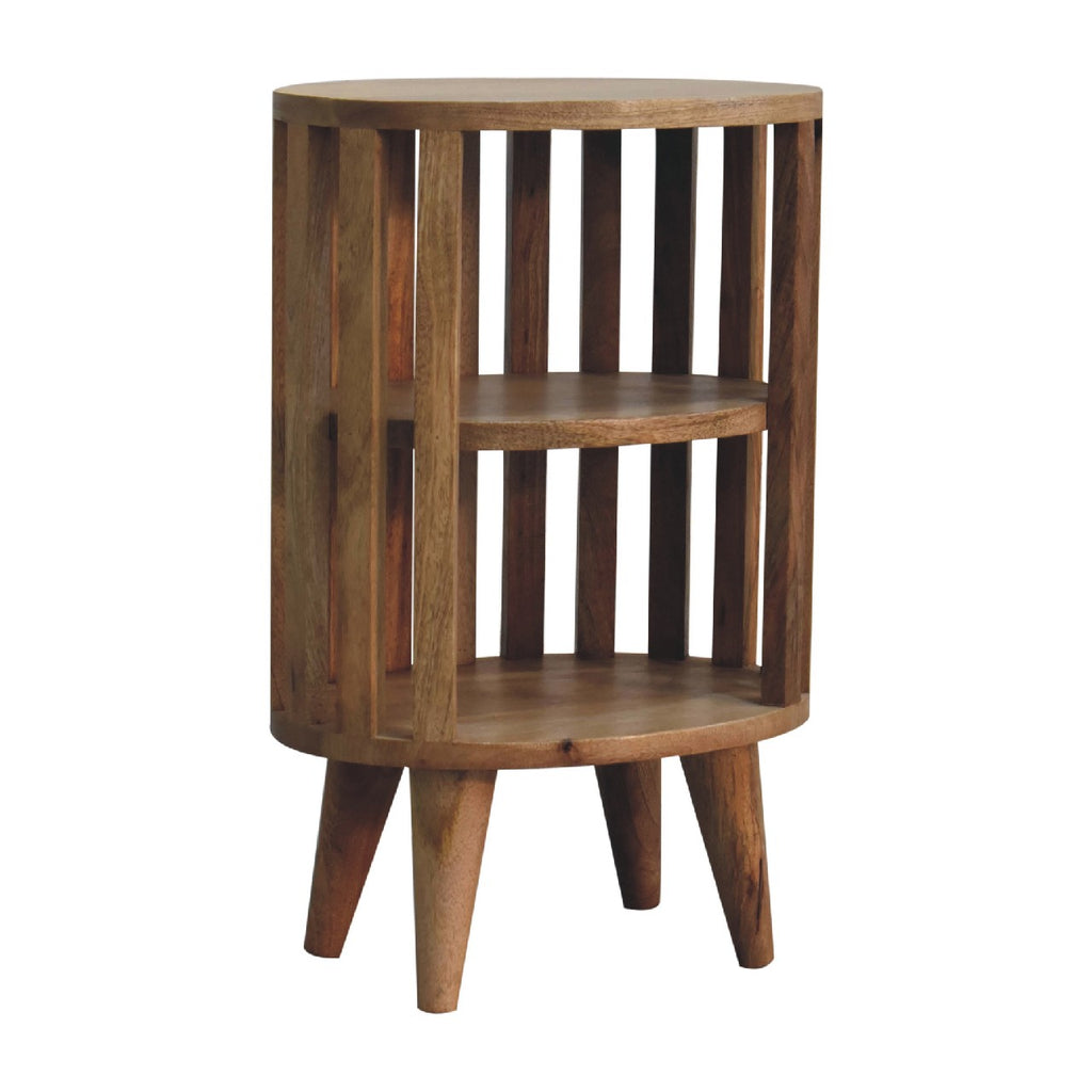 Bedside table with 2 open shelves, 36 cm wide, light tone, angled view from the opposite side