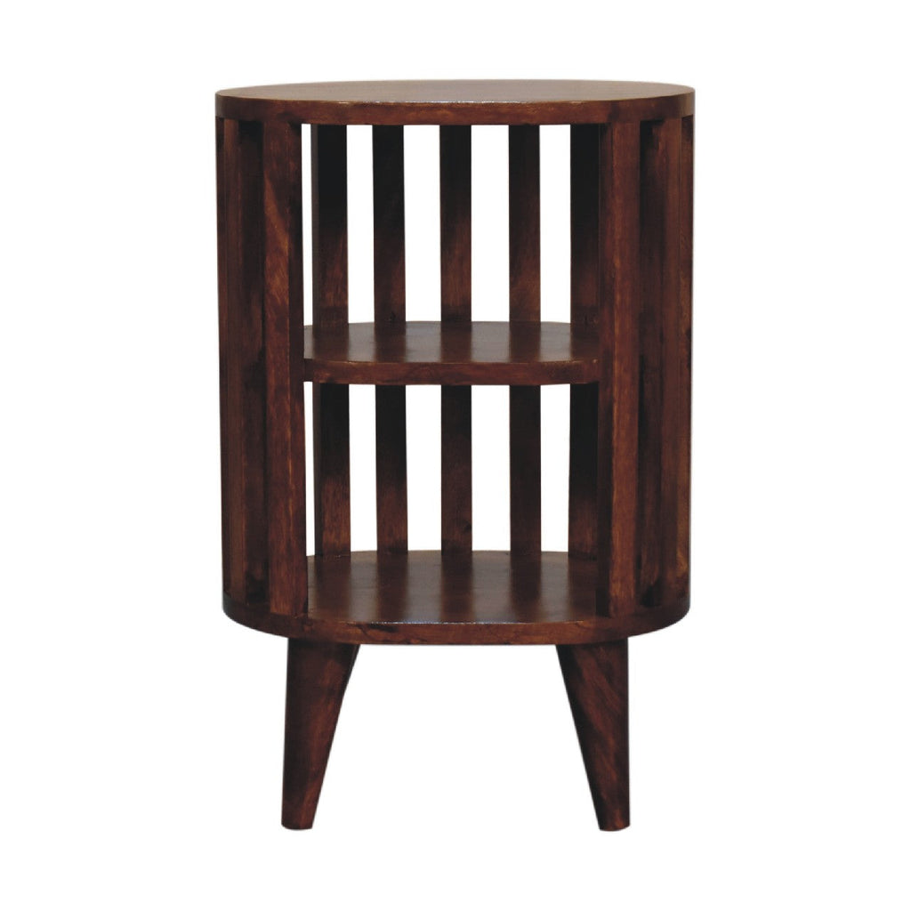 Bedside table with 2 open shelves, 36 cm wide, chestnut brown tone, front view of the slatted frame