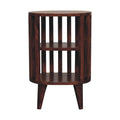 Bedside table with 2 open shelves, 36 cm wide, chestnut brown tone, front view of the slatted frame