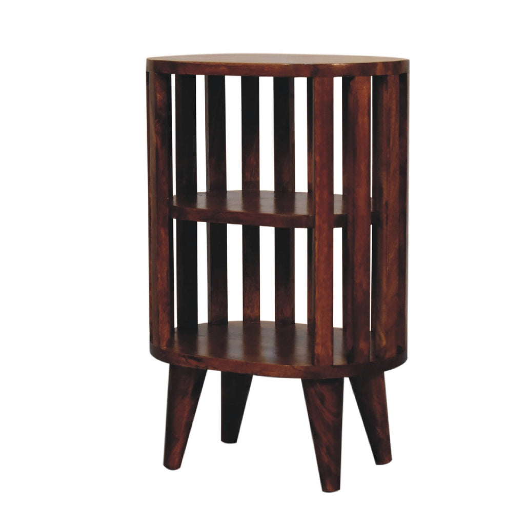 Bedside table with 2 open shelves, 36 cm wide, chestnut brown tone, slightly angled front view