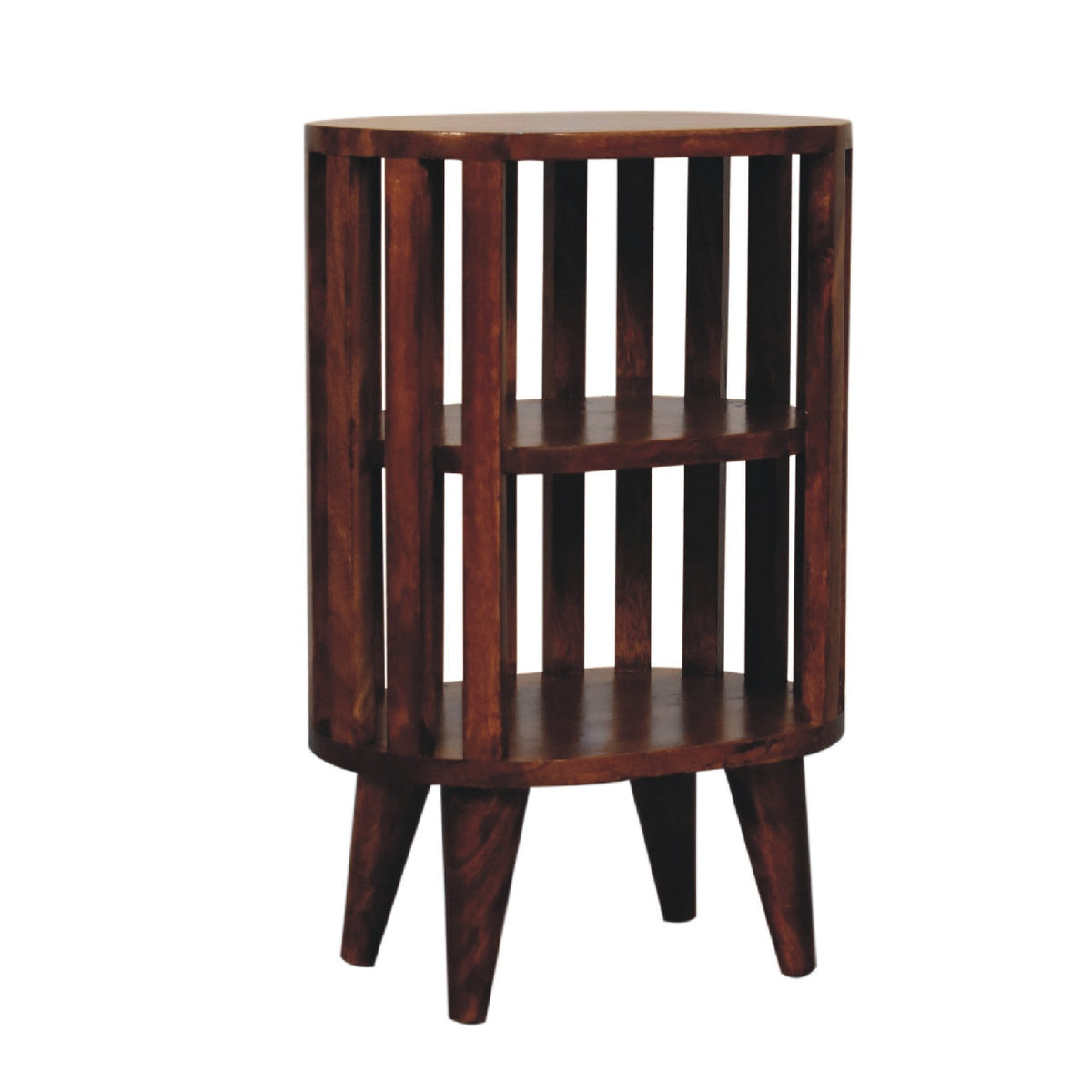 Bedside table with 2 open shelves, 36 cm wide, chestnut brown tone, three-quarter angled view