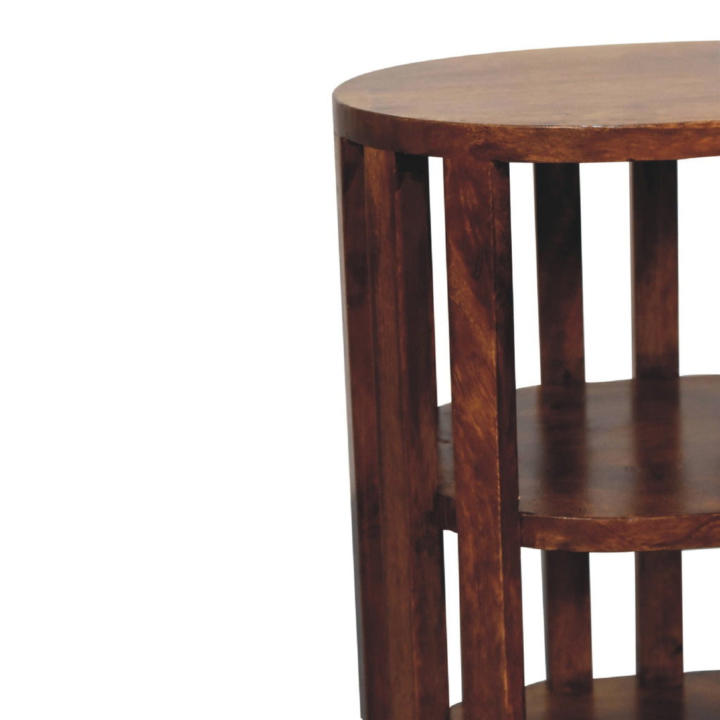 Bedside table with 2 open shelves, 36 cm wide, chestnut brown tone, close-up of wood grain and shelf