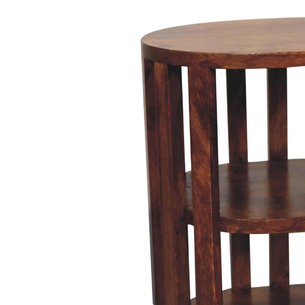 Bedside table with 2 open shelves, 36 cm wide, chestnut brown tone, close-up of wood grain and shelf