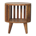 Round bedside table with open shelf, 36 cm wide, light tone, front view of the slatted sides