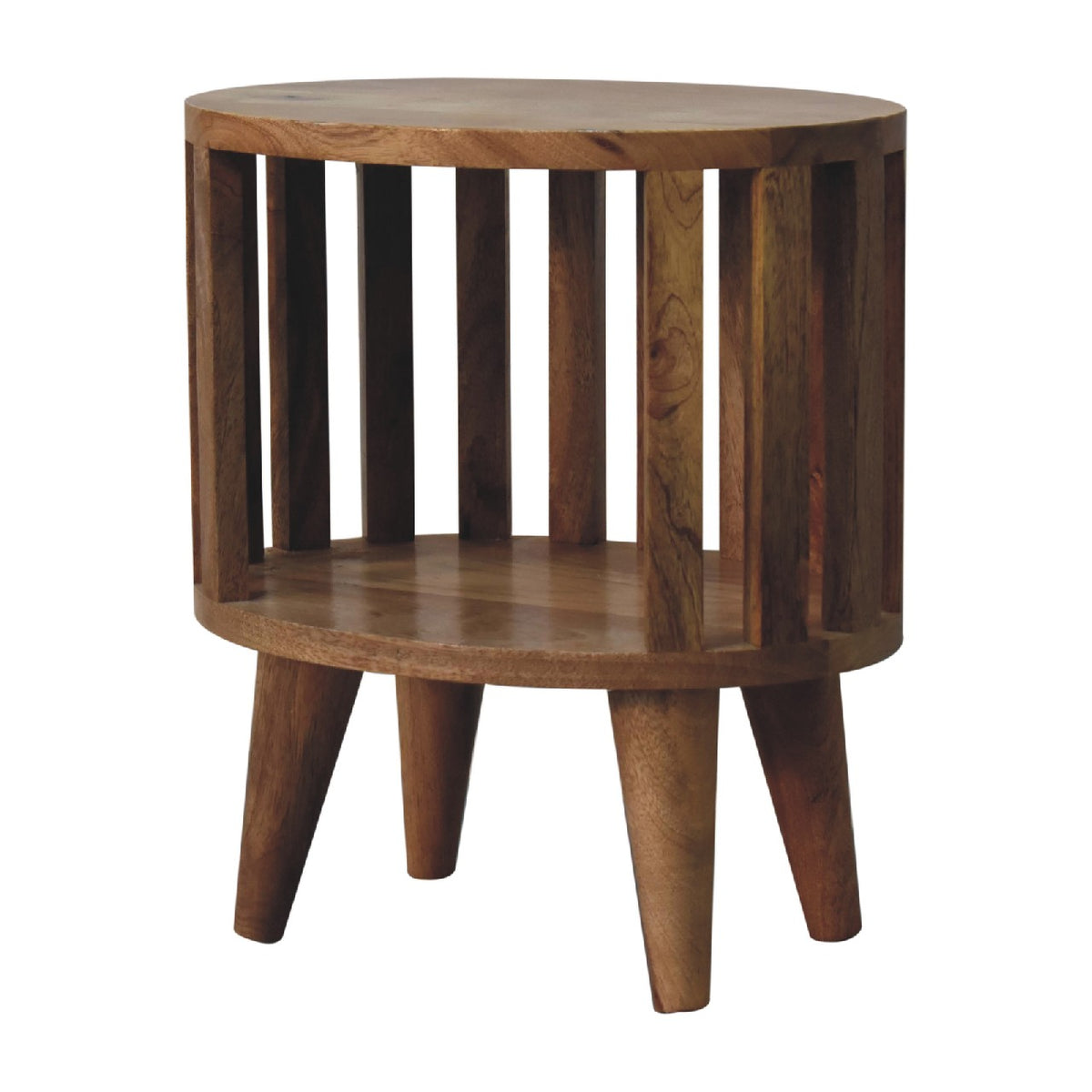 Round bedside table with open shelf, 36 cm wide, light tone, three-quarter angled view