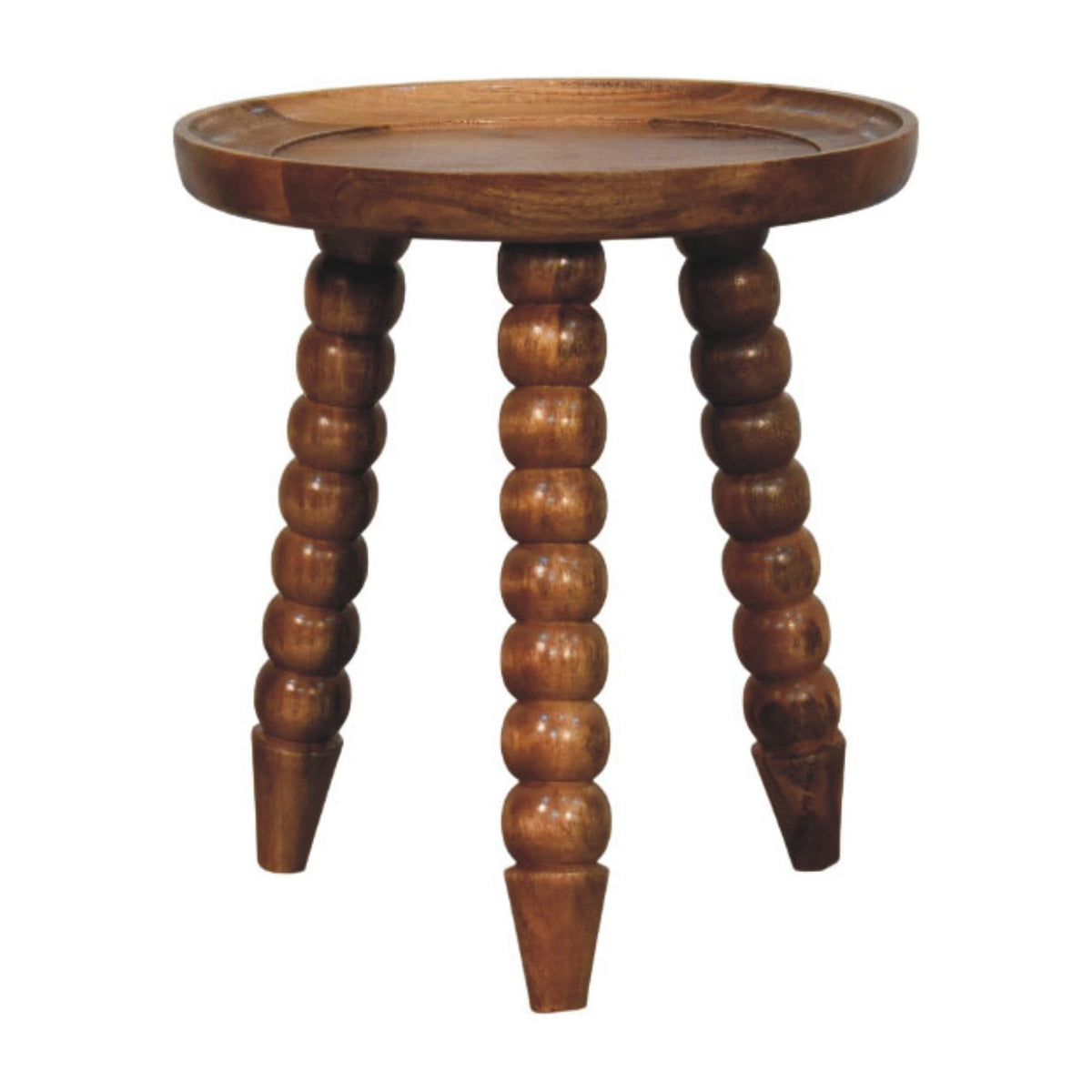 Tray top bedside table, 40 cm wide, golden teak tone, front view of round top and turned legs