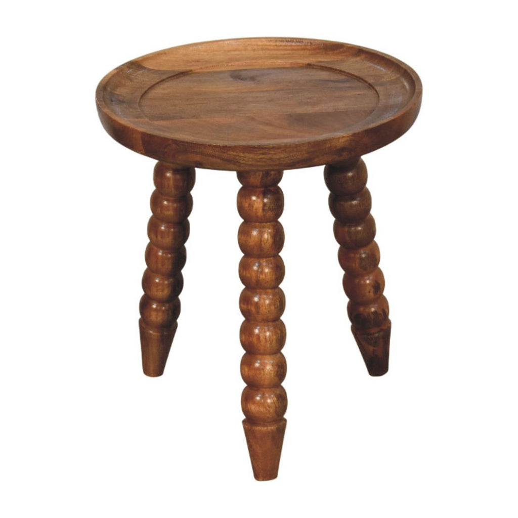 Tray top bedside table, 40 cm wide, golden teak tone, three-quarter view of bobbin-turned legs