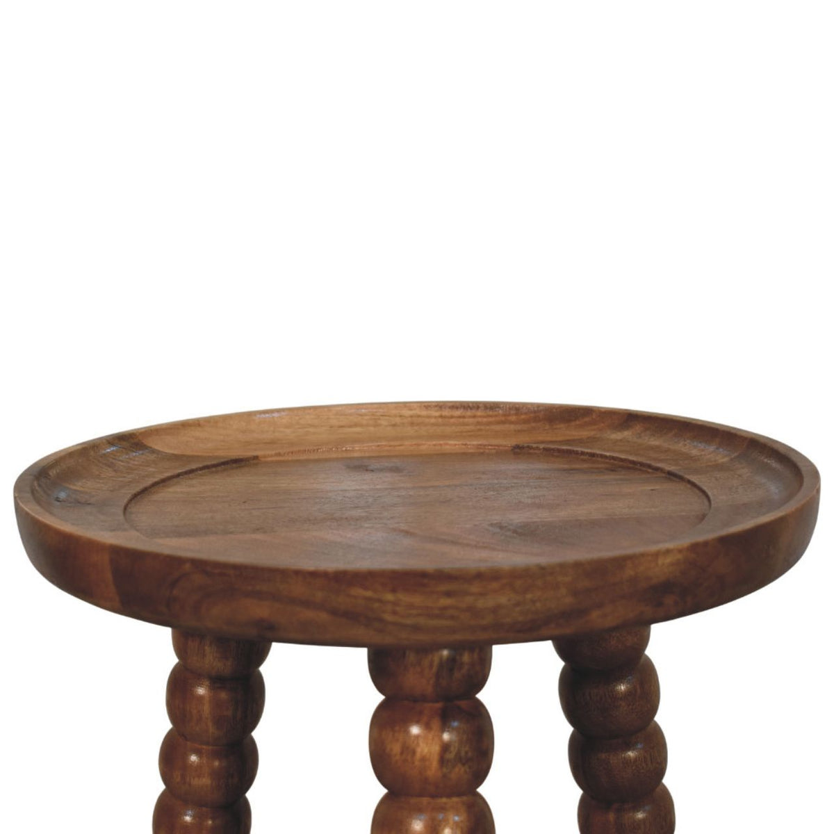 Tray top bedside table, 40 cm wide, golden teak tone, close-up top view of the round tray surface