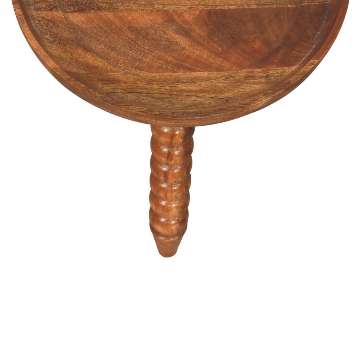 Tray top bedside table in golden teak tone, close-up of a bobbin-turned wooden leg