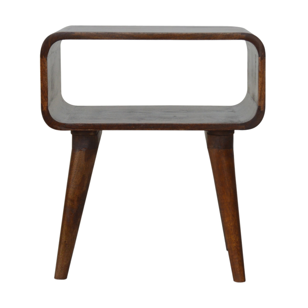 Bedside table with open shelf, 45 cm wide, chestnut brown, front view on tapered legs