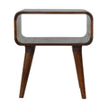 Bedside table with open shelf, 45 cm wide, chestnut brown, front view on tapered legs