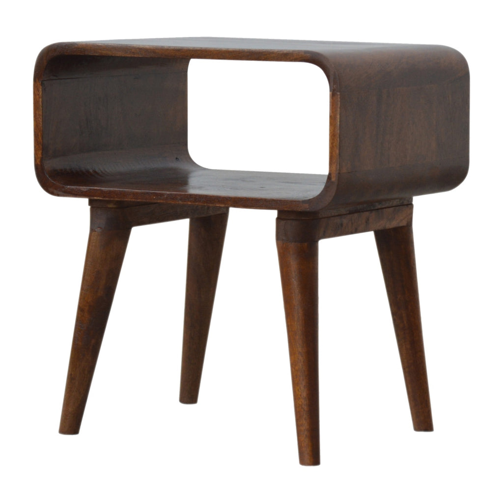 Bedside table with open shelf, 45 cm wide, chestnut brown, three-quarter view of the open cubby