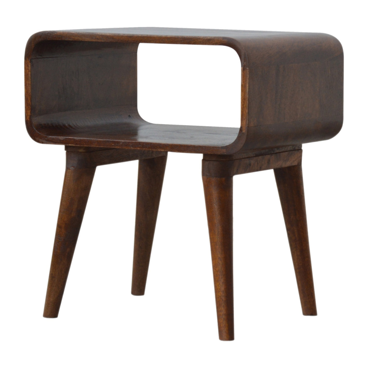 Bedside table with open shelf, 45 cm wide, chestnut brown, three-quarter view of the open cubby
