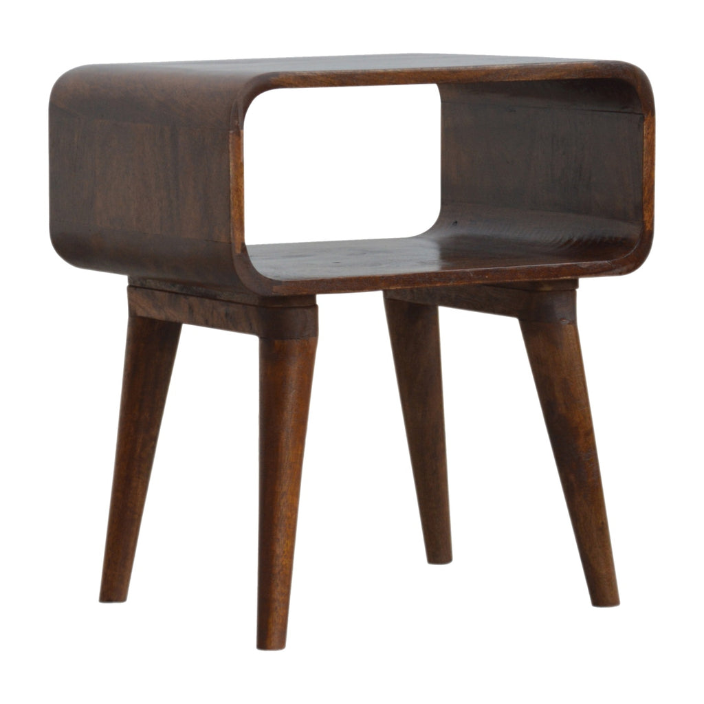 Bedside table with open shelf, 45 cm wide, chestnut brown, angled side view of the open shelf
