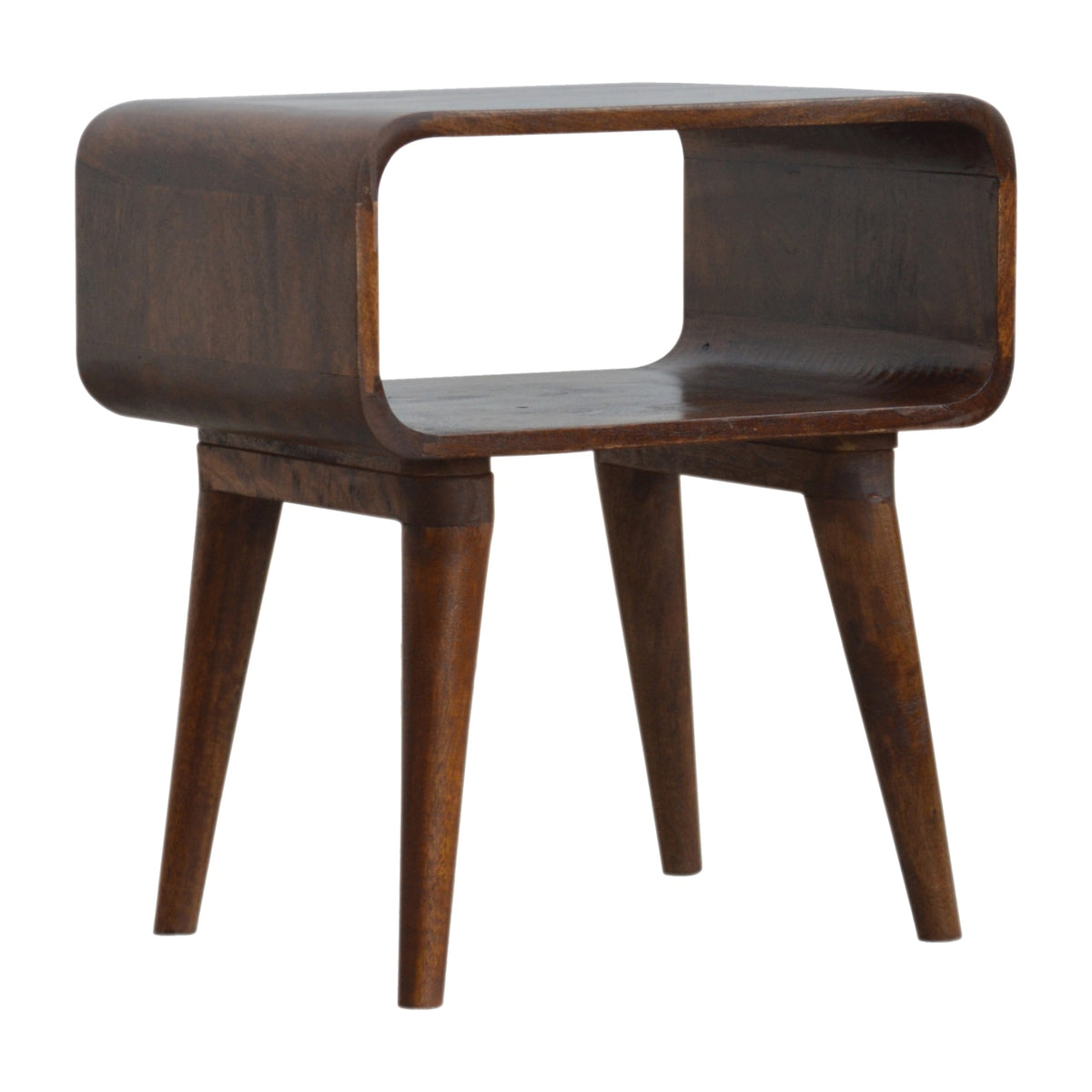 Bedside table with open shelf, 45 cm wide, chestnut brown, angled side view of the open shelf