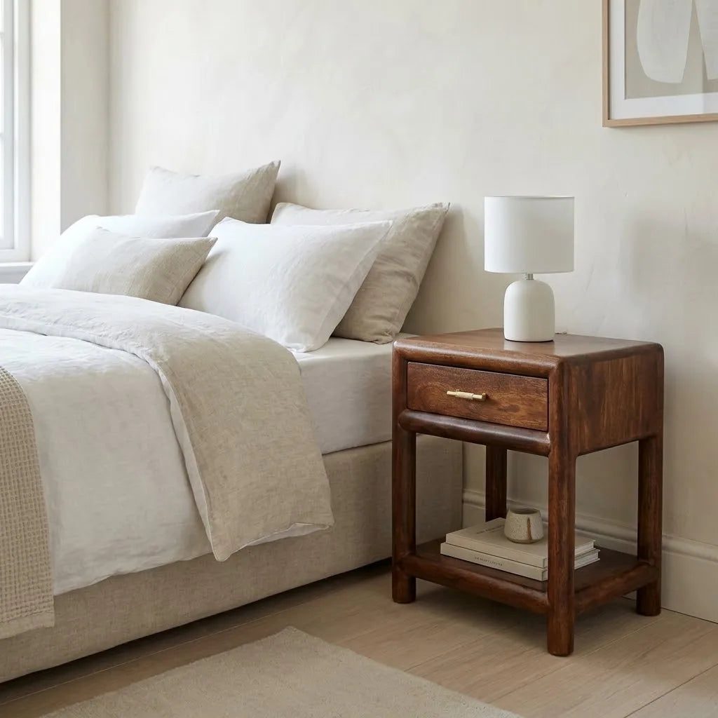 Bedside Table with Shelf beside a bed with linen bedding, with a table lamp on top