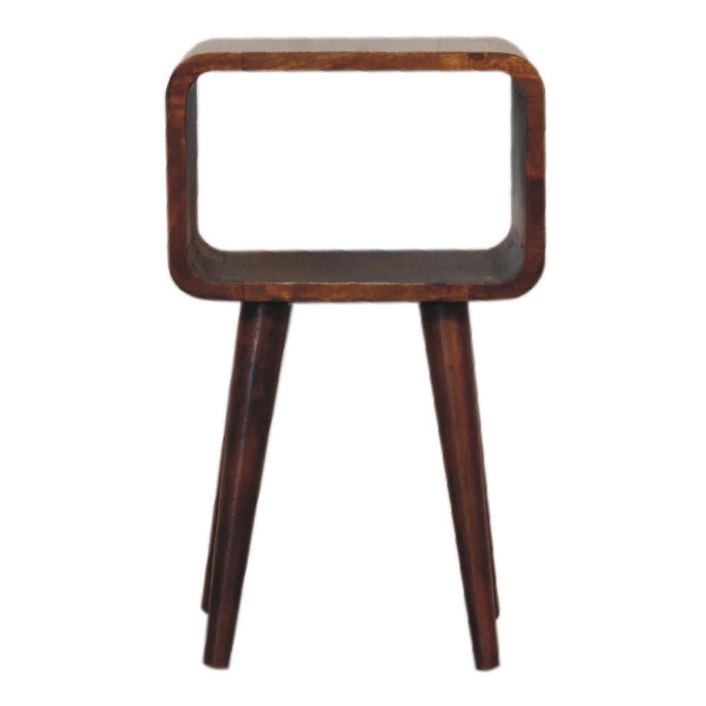 Set of 2 narrow bedside tables, 30 cm wide, chestnut brown, front view of one open-shelf table
