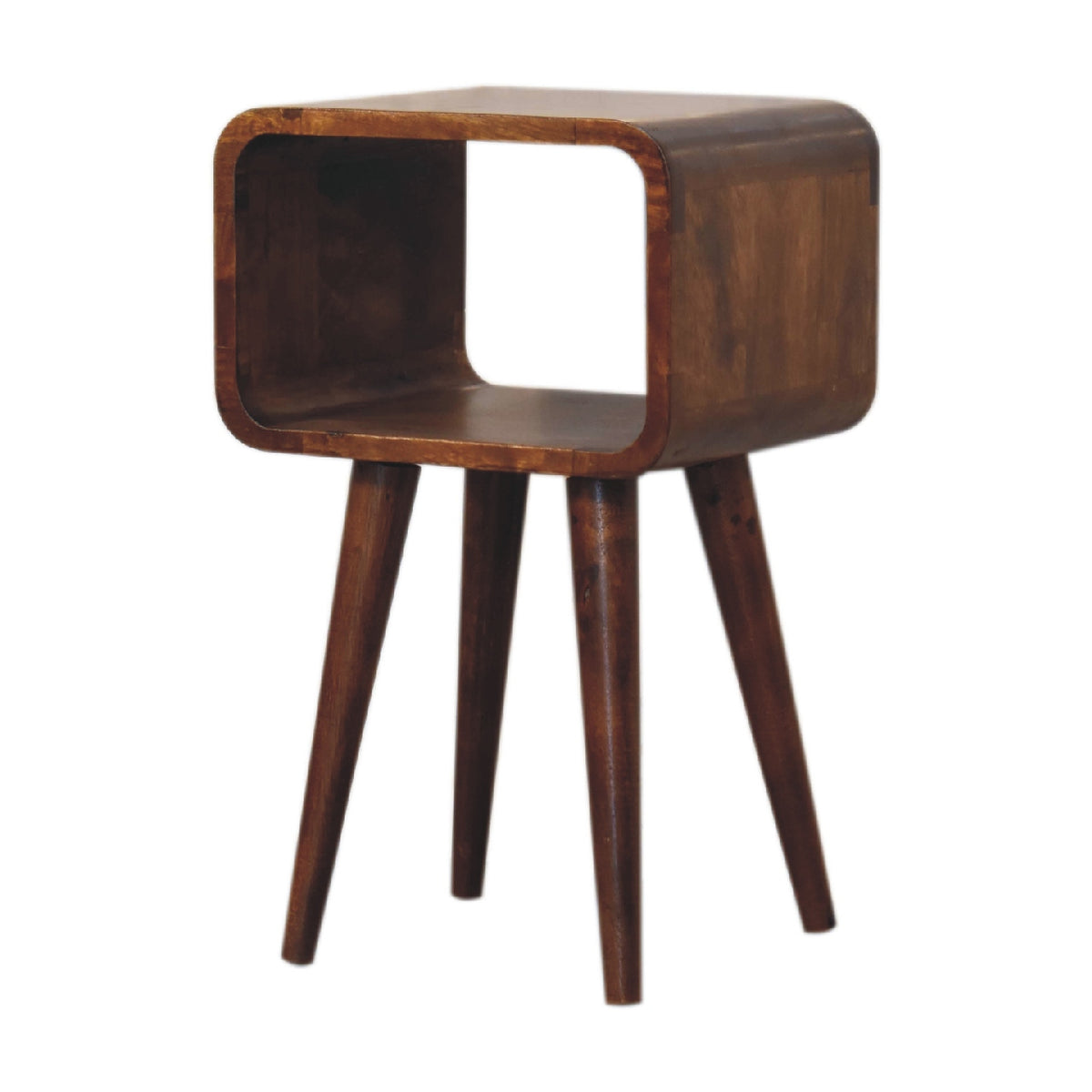 Set of 2 narrow bedside tables, 30 cm wide, chestnut brown, angled side view on tapered legs
