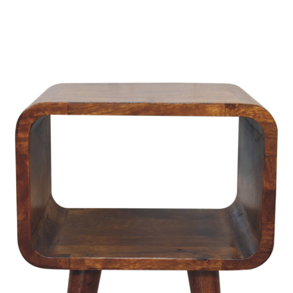 Set of 2 narrow bedside tables in chestnut brown, close-up of the rounded open shelf design