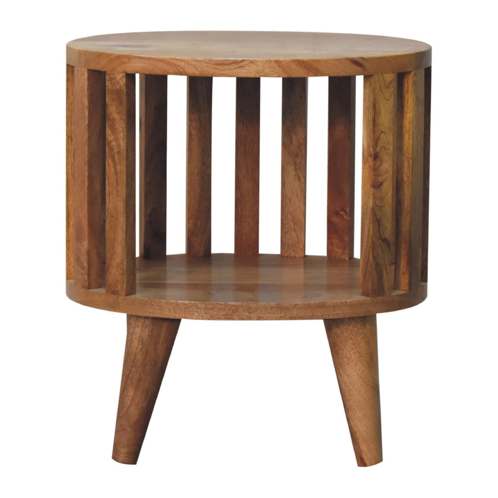 Set of 2 round bedside tables with open shelf, 36 cm wide, light tone, front view of one table