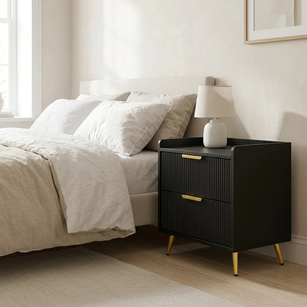 Black 2 Drawer Bedside Table beside a bed with linen bedding, with a table lamp on top