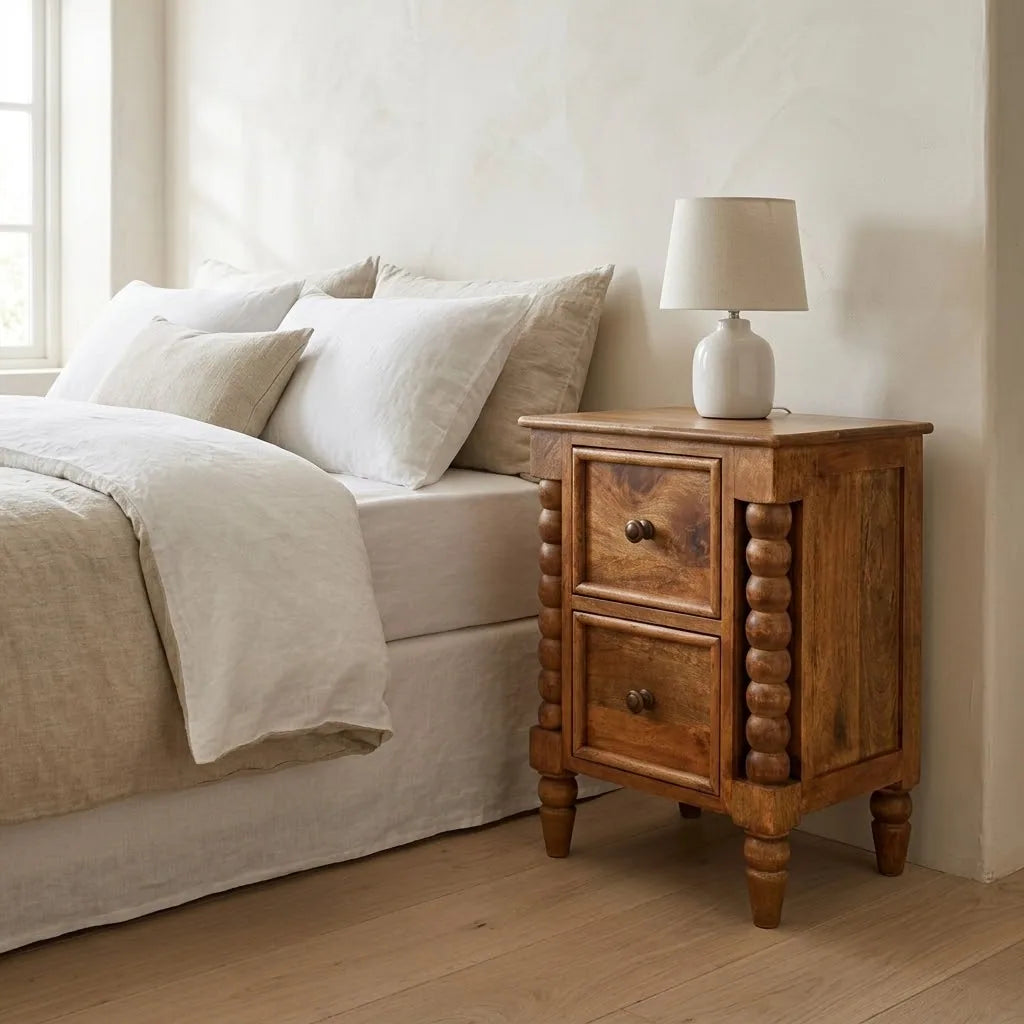 Bobbin Bedside Cabinet beside a bed with linen bedding, with a table lamp on top