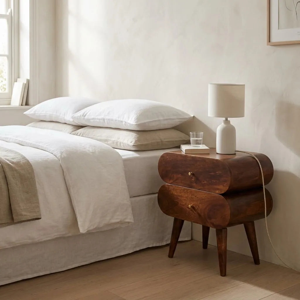 Bubble Bedside Table beside a bed with linen bedding, with a table lamp on top