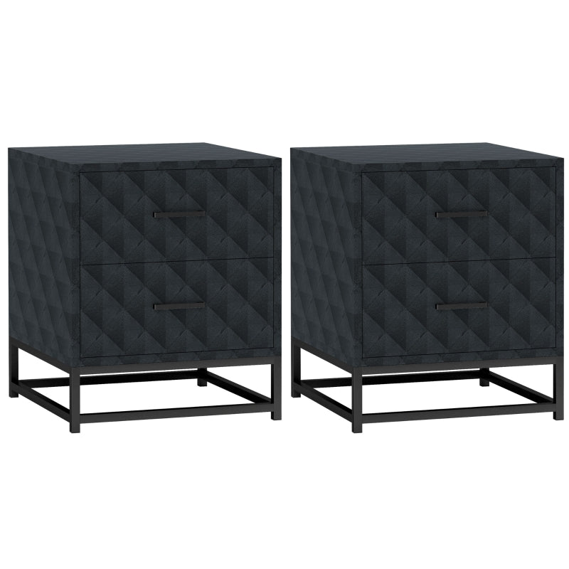 Pair of black diamond-pattern bedside tables with metal bases