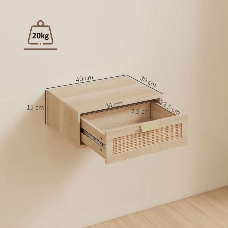 Floating rattan bedside cabinet with drawer open and dimensions 40 x 30 x 15 cm