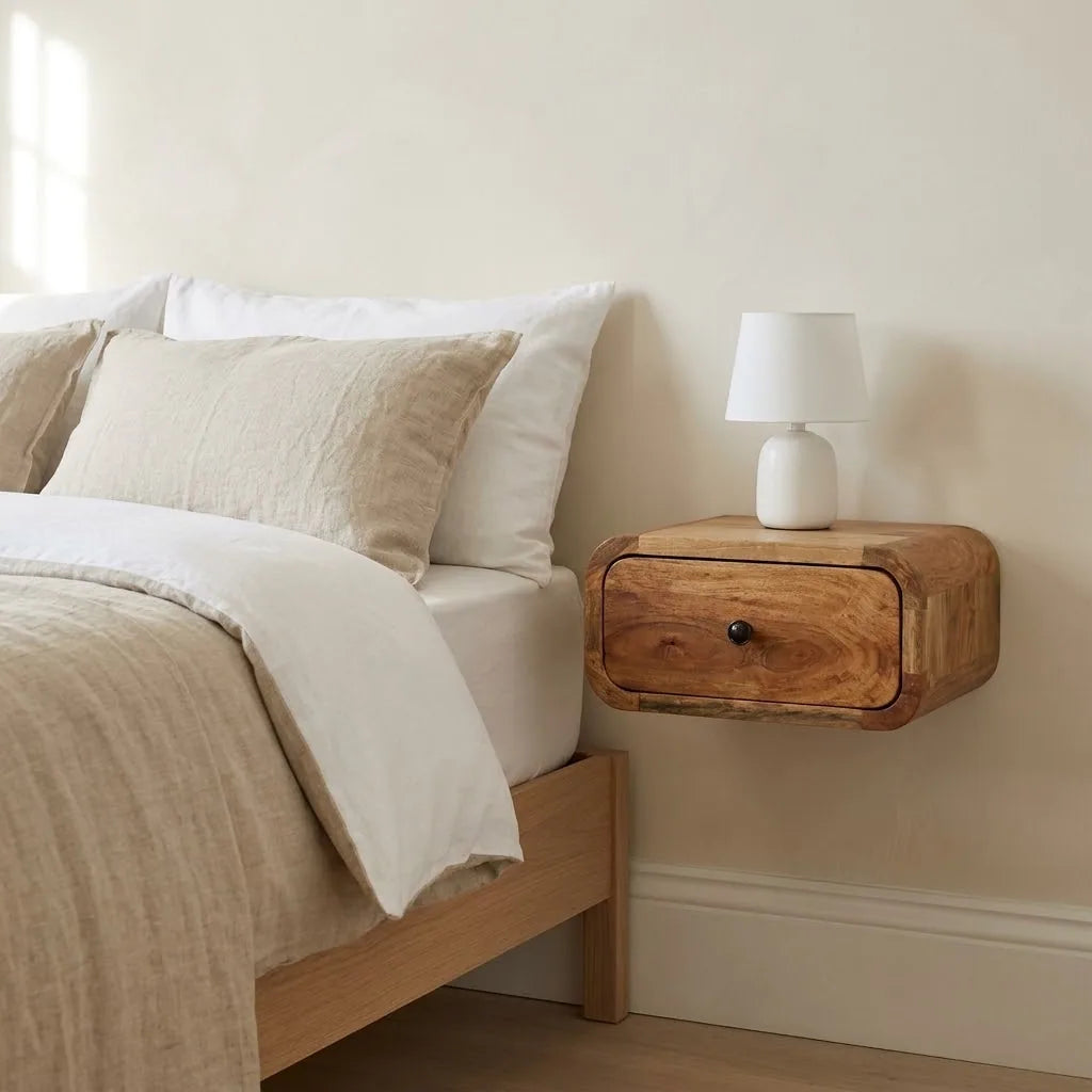 Calder 30 cm Wall Mounted Bedside Table fixed to the wall beside a bed, with a table lamp on top