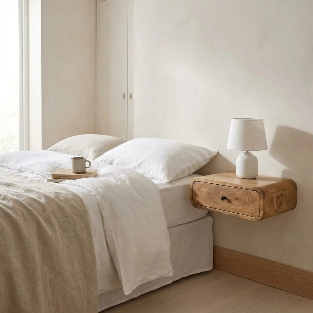 Calder 45 cm Wall Mounted Bedside Table fixed to the wall beside a bed, with a table lamp on top