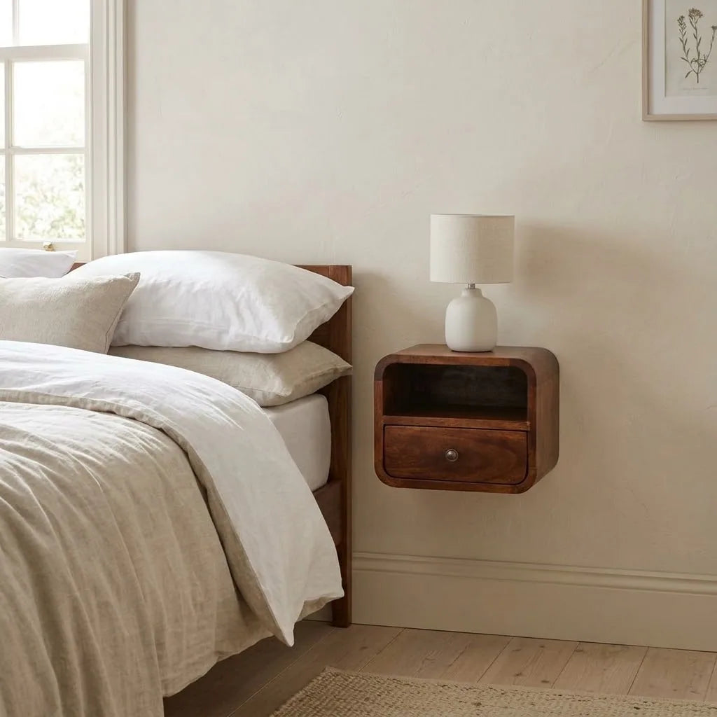 Coln 30 cm Wall Mounted Bedside Table fixed to the wall beside a bed, with a table lamp on top