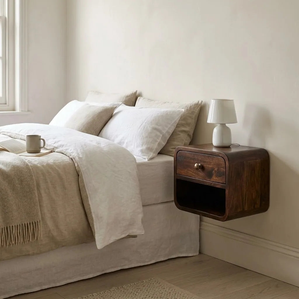 Coln 30 cm Wall Mounted Bedside Table fixed to the wall beside a bed, with a table lamp on top