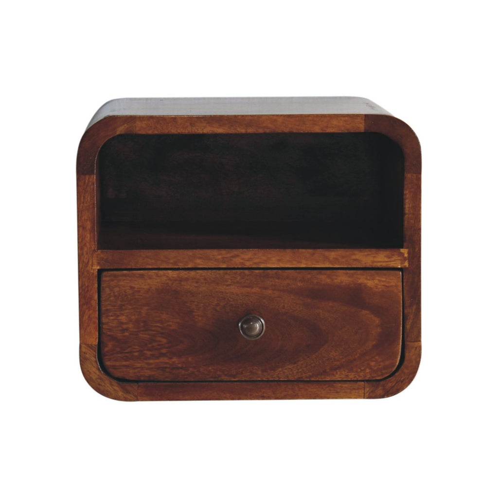 Curved wall-mounted bedside table, 30 cm wide, chestnut finish, front view with open slot