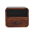 Curved wall-mounted bedside table, 30 cm wide, chestnut finish, front view with open slot