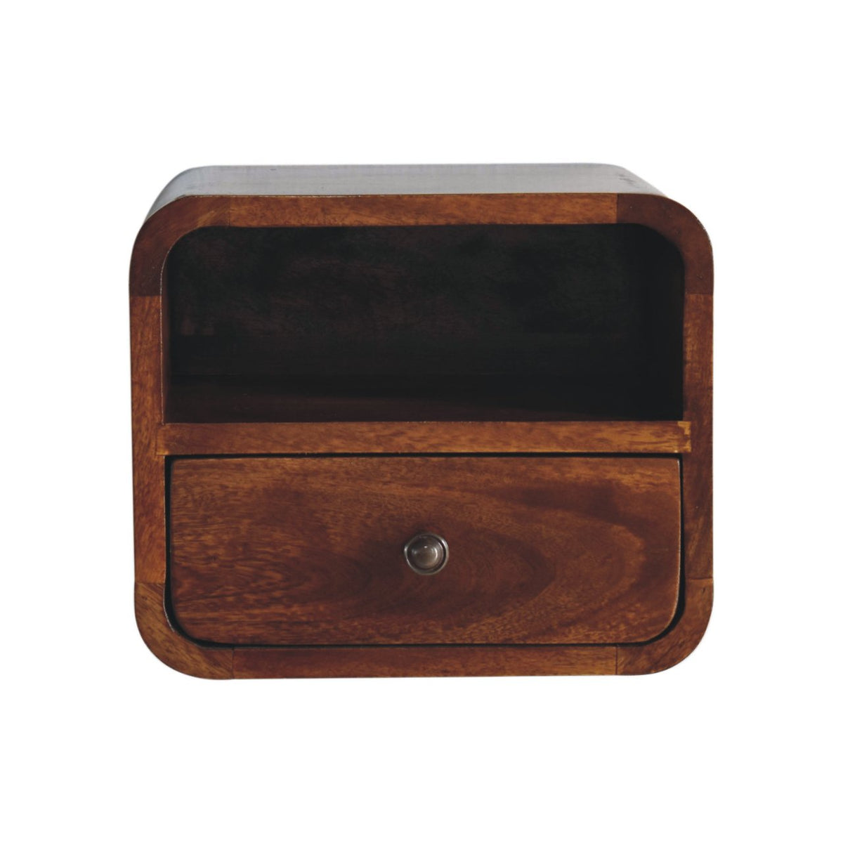 Curved wall-mounted bedside table, 30 cm wide, chestnut finish, front view with open slot