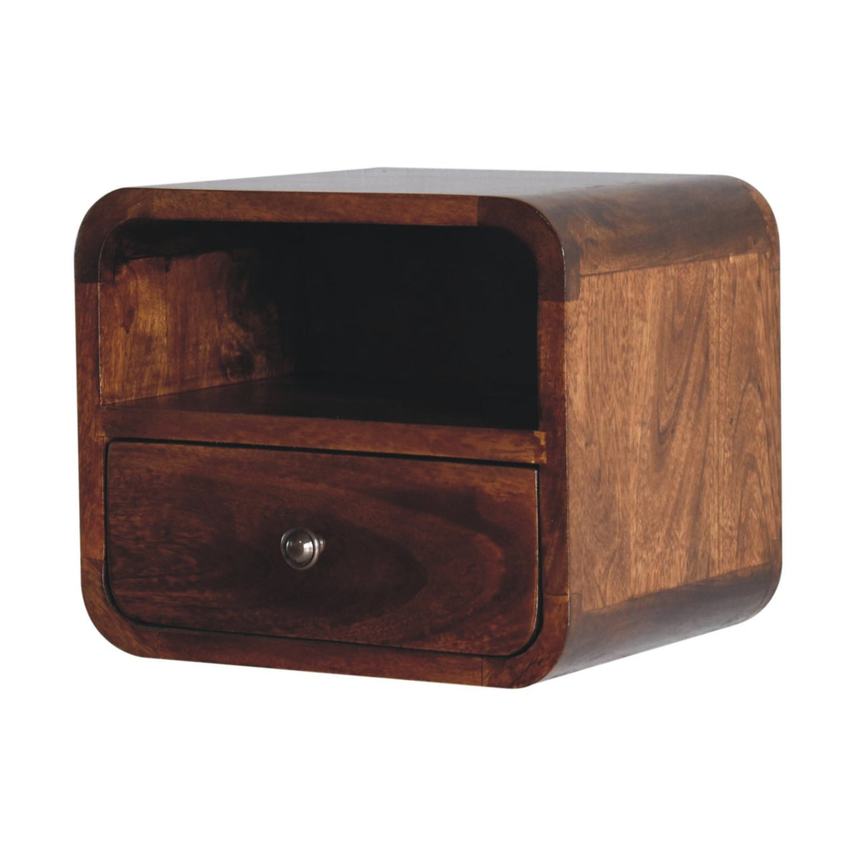 Curved wall-mounted bedside table, 30 cm wide, chestnut tone, angled three-quarter view